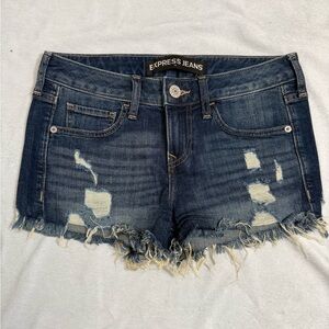 Express Shortie Low Rise Distressed Denim Shorts | Size 0